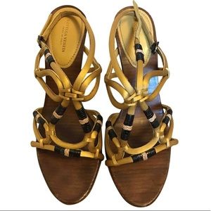 BOTTEGA VENETA sz 37.5 Gold satin WORN band flat Cleopatra sandals- black accent